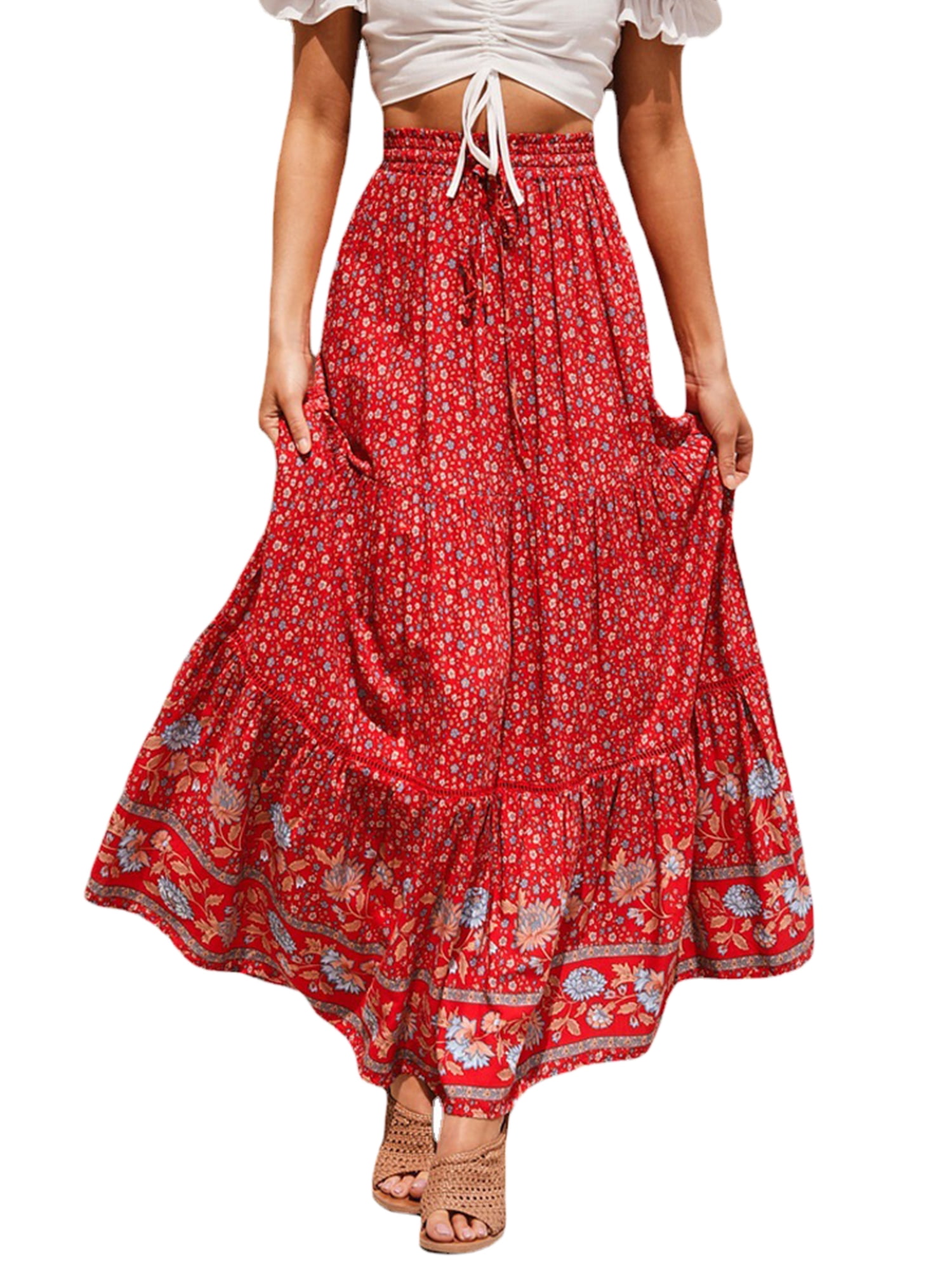 Boho Floral Beach Skirt Vacation High Waist Flared Long Skirts Women