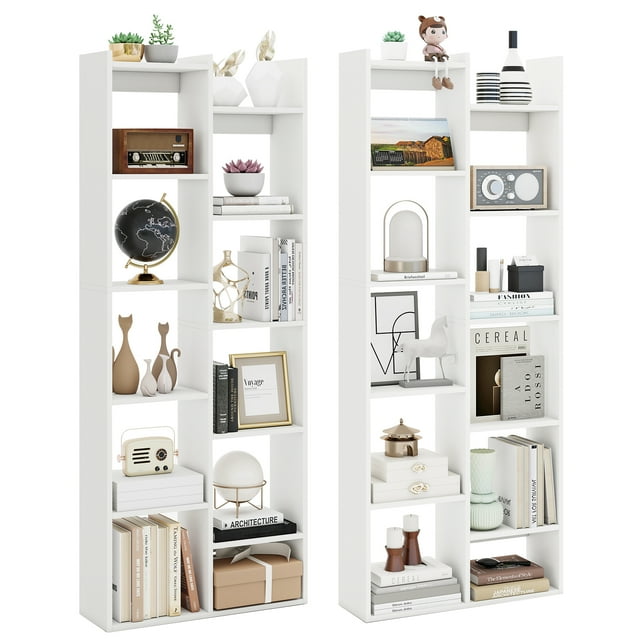 Gymax 2PCS 11-Tier Bookcase w/ Anti-Tipping Kits Wood Display Shelf Tree-Shaped White