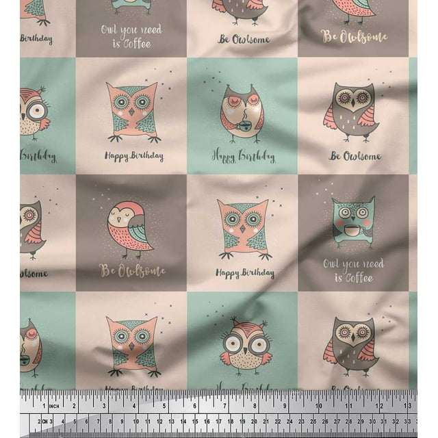 Soimoi Green Georgette Viscose Fabric Text & Owl Cartoon Print Fabric by the Yard 42 Inch Wide