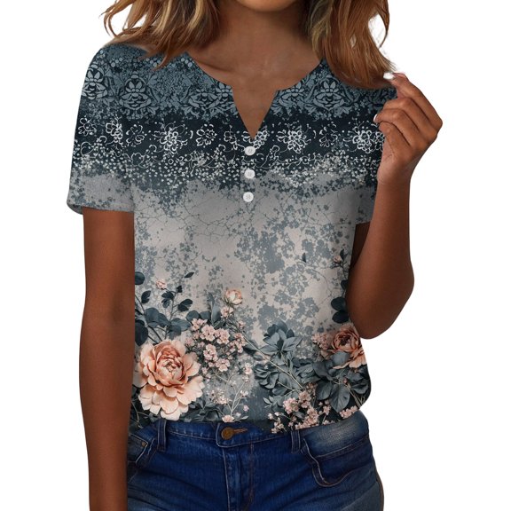 ASDFVBKG Floral Print T Shirts for Women Spring short Length Sleeve Blouse casual Crew Neck Valentine's Day Outfit Blue 2XL