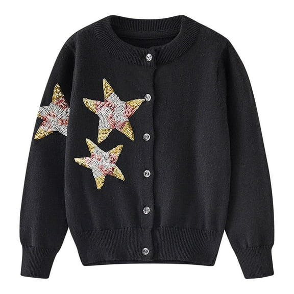 qolati Toddler Baby Girls Cardigan Sweater Knitted Button Up Long Sleeve Tops Sequin Embroidery Crewneck Outfit for Winter