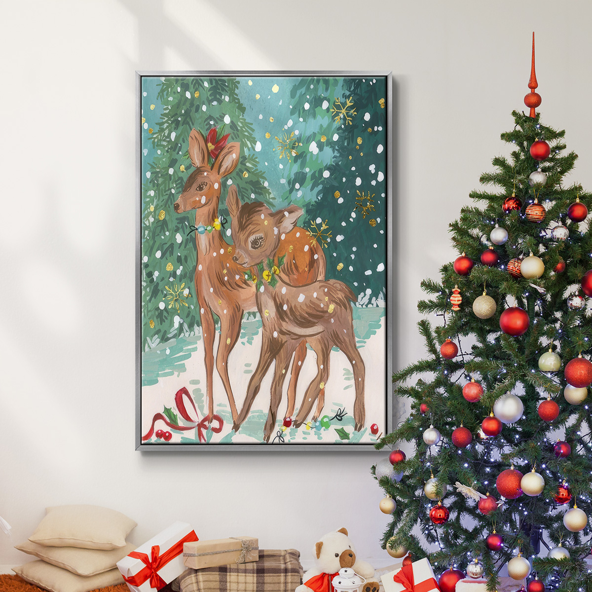 Doe and Fawn I - Framed Gallery Wrapped Holiday Canvas - 17 x 25 - Silver Frame