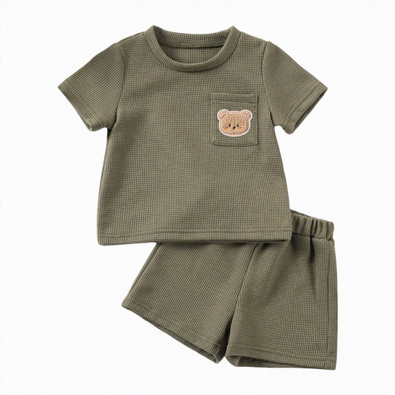 Baby Clothes Boy Toddler Set Kids Summer Waffle Bear Printed Short-sleeved Sports 0 3 6 12 18 24 Months T Shirt and Shorts T-Shirt with Solid 2Pcs Outfit 2PCS
