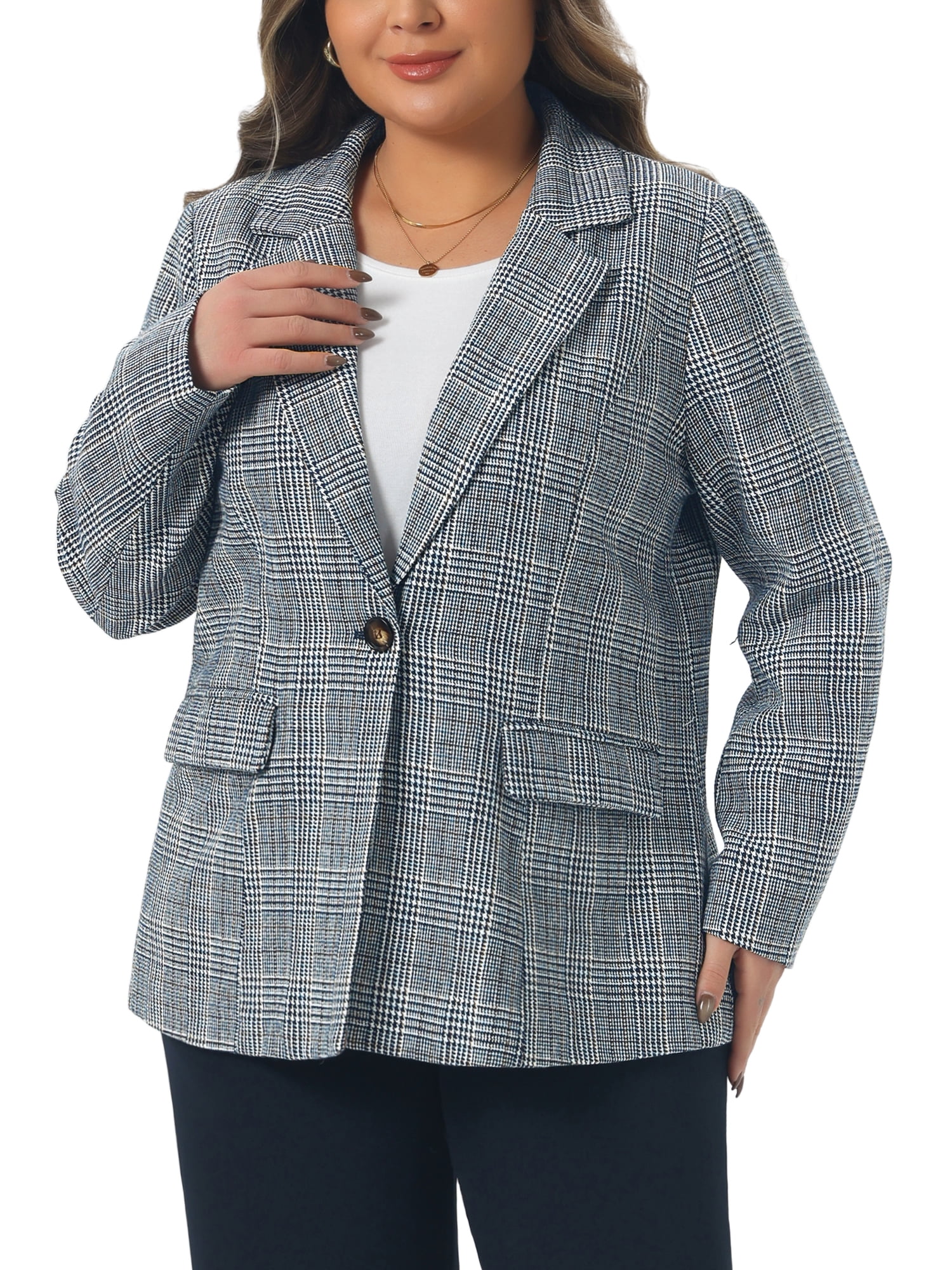 DARING DIVA Women's Plus Plaid Notched Lapel Business Blazer Jackets 2X Dark Blue