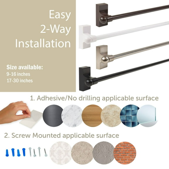 Self Adhesive or Wall Mounted Curtain Rod - 16" - White
