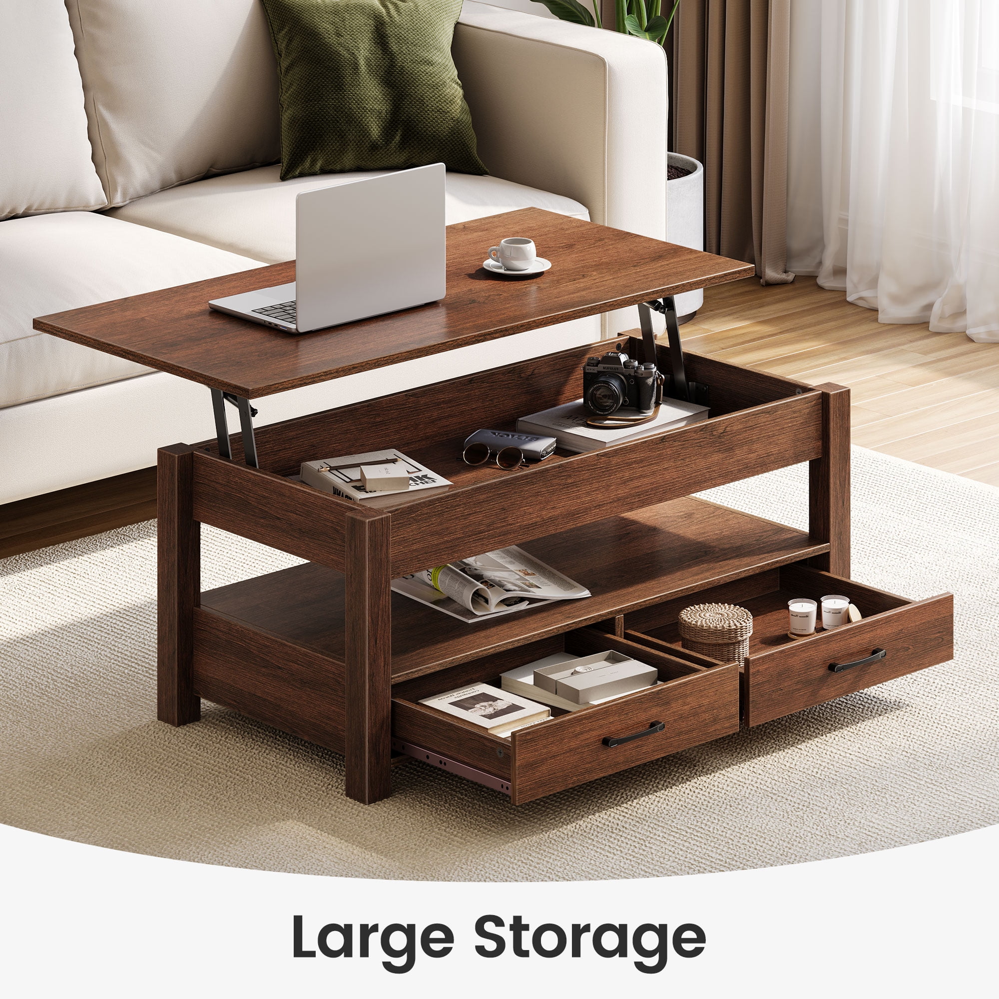 Greenstell Lift Top 39"Wide Coffee Table with 2 Drawers Hidden Storage and Storage Shelf for Living Room, Espresso