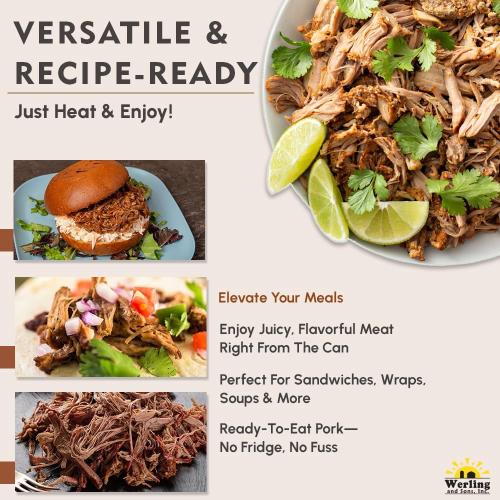 Werling & Sons Canned Pork 14.5 Oz – Fully Cooked, Heat & Serve | Premium Shelf-Stable Canned Meat | 5-Year Shelf Life | Ideal for Emergency, Survival, Camping & Quick Meals | Pack of 6 | Made in USA