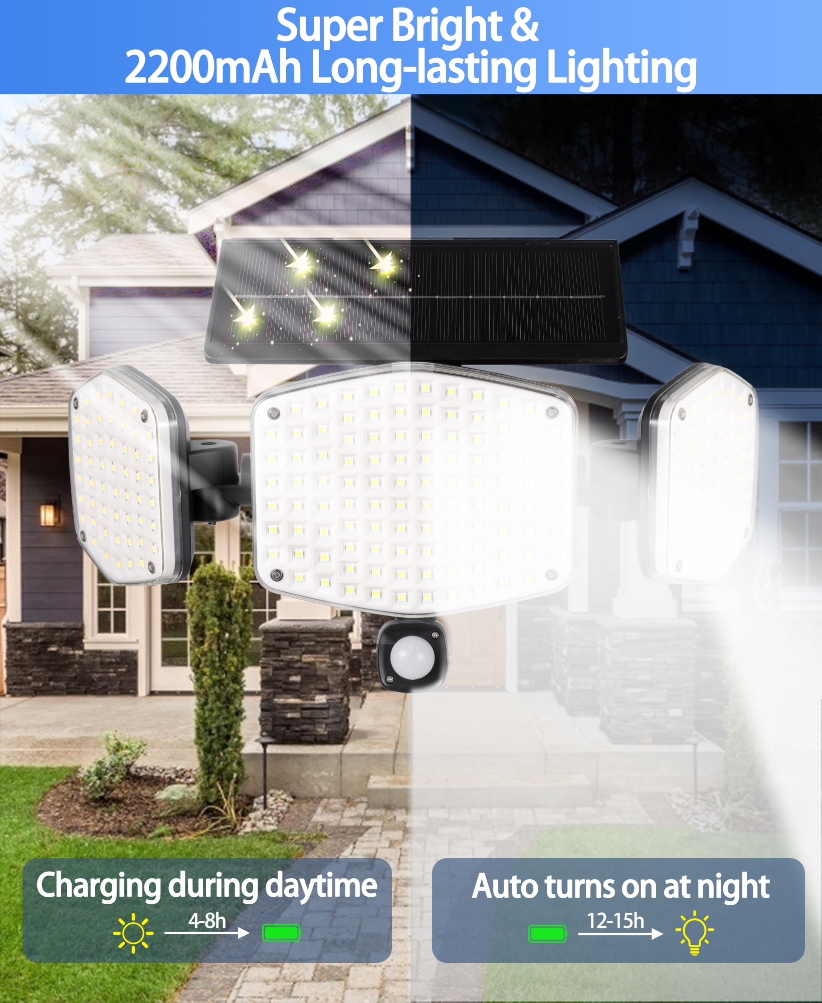 HAARAY Solar Motion Sensor Outdoor Lights with Ground Stake, 3-Head Adjustable 208 LED Solar Wall Security Flood Light IP65 Waterproof for Outside Porch Yard Garden Garage, 2 Pack