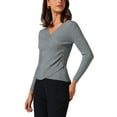 thumbnail image 4 of Women's V-Neck Knitted Sweaters Ruched Button Tops Slim Fit 2025 Long Sleeved T-Shirts L Gray, 4 of 6