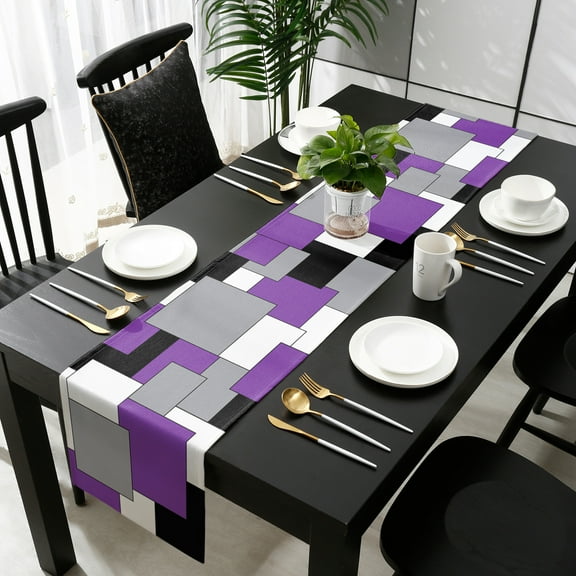 Purple Grey Black Geometric Cotton Linen Table Runner 13 x 90 inch Middle Century Art Abstract Aesthetics Non-slip Rectangular Dining Table Decor for Wedding Party Holiday Dinner