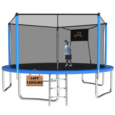 Mersco 14ft Trampoline Upgraded for Kids and Adults, Backyard Trampoline with Basketball Hoop and Enclosure, Loading 1320 lbs, Blue