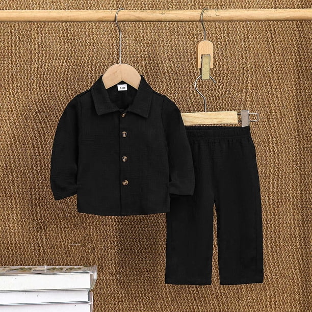 Conjuntos de blusas y camisas de cuello redondo y manga larga para niños, jersey de manga larga de color liso, pantalones con cintura elástica y ribete de pie, conjunto de pijama grueso de poliéster p