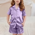 thumbnail image 4 of YunPes Girls Satin Outfits Button-Down Short Sleeve Tops Ruffle Shorts PJS Sets Kids Elegant Comfy 2 Piece Clothing 5-15 Years, 4 of 7