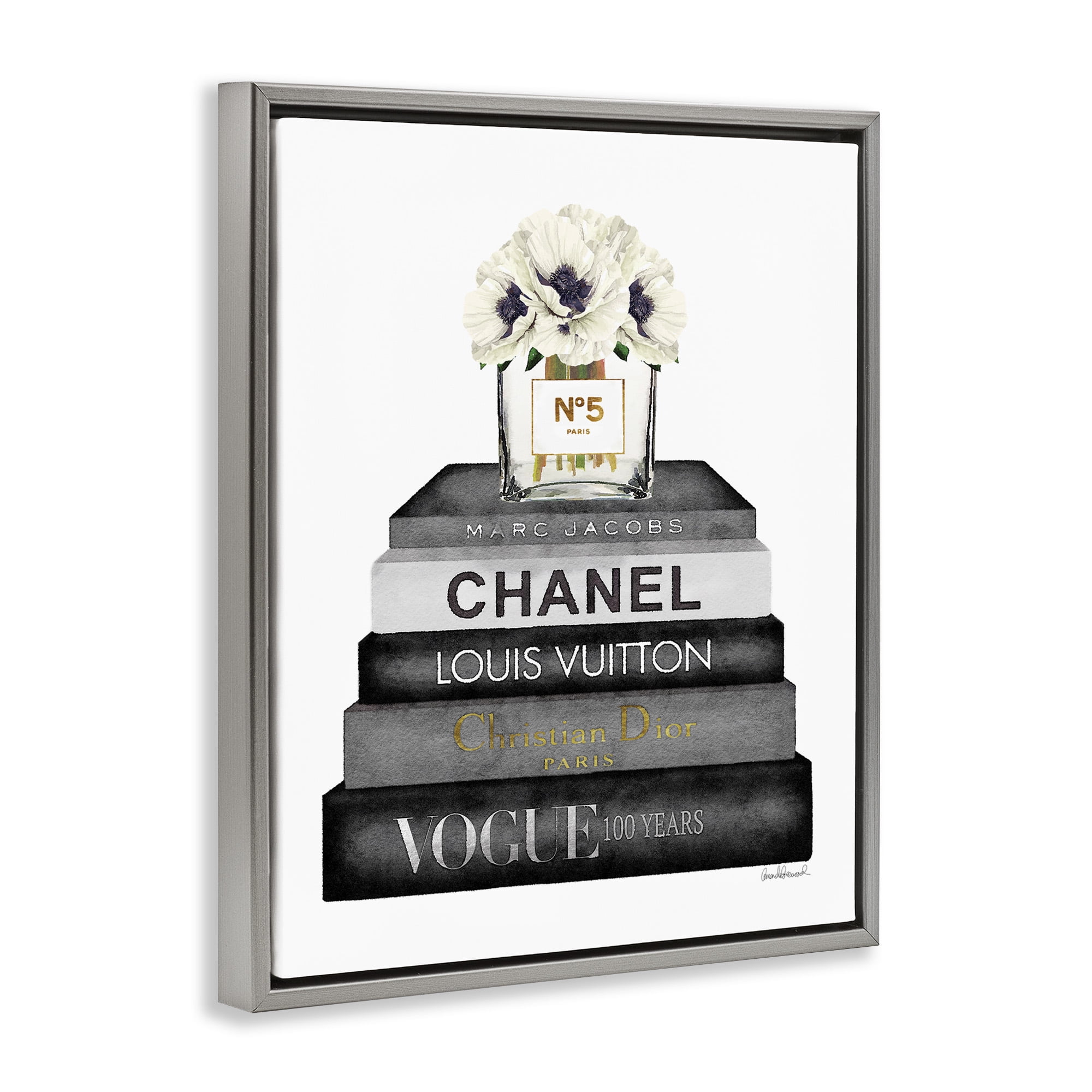 Stupell Industries Monochrome Fashion Designer Bookstack Beauty & Fashion Painting Gray Floater Framed Canvas Art Print Wall Art, 17 x 21