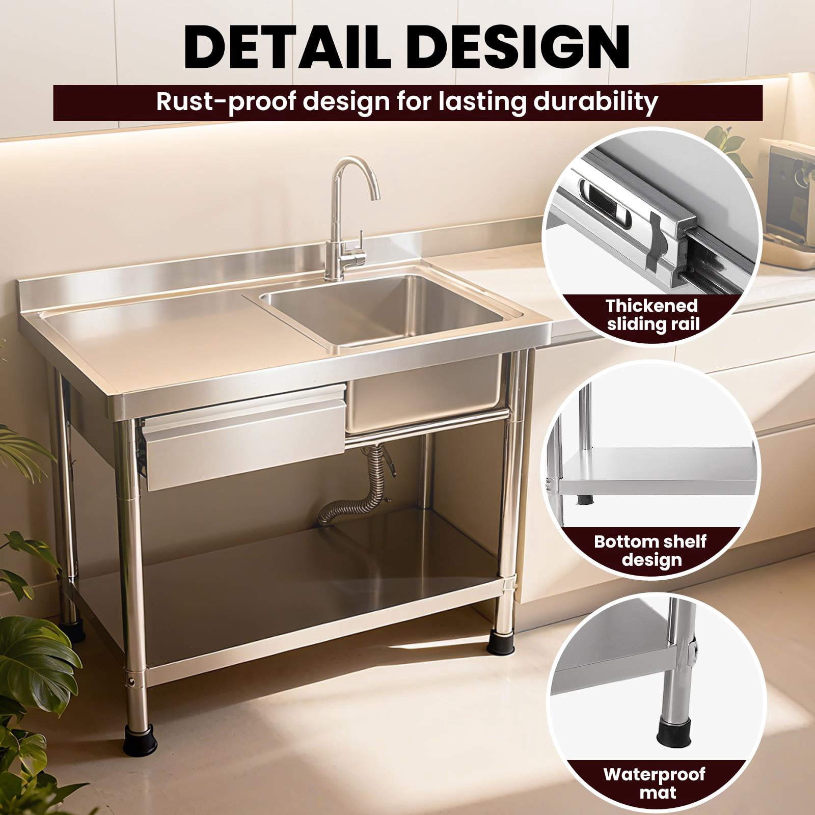 Kitchen Utility Sink, Silver 304 Rust-Proof Design, 360° Swivel Faucet, Hot Cold Water Compatible, Free Standing Single Bowl Sink with Drawer for Farmhouse Commercial Kitchen