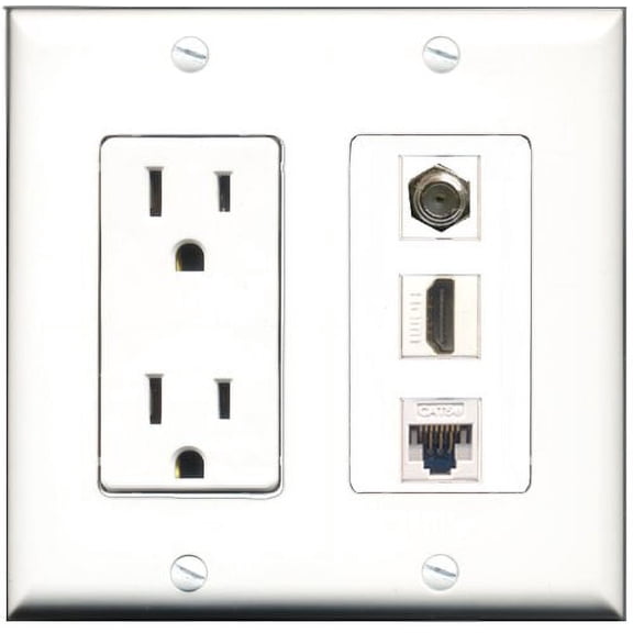 RiteAV - 15 Amp Power Outlet 1 Port HDMI 1 Port Coax 1 Port Cat5e Ethernet White Decorative Wall Plate