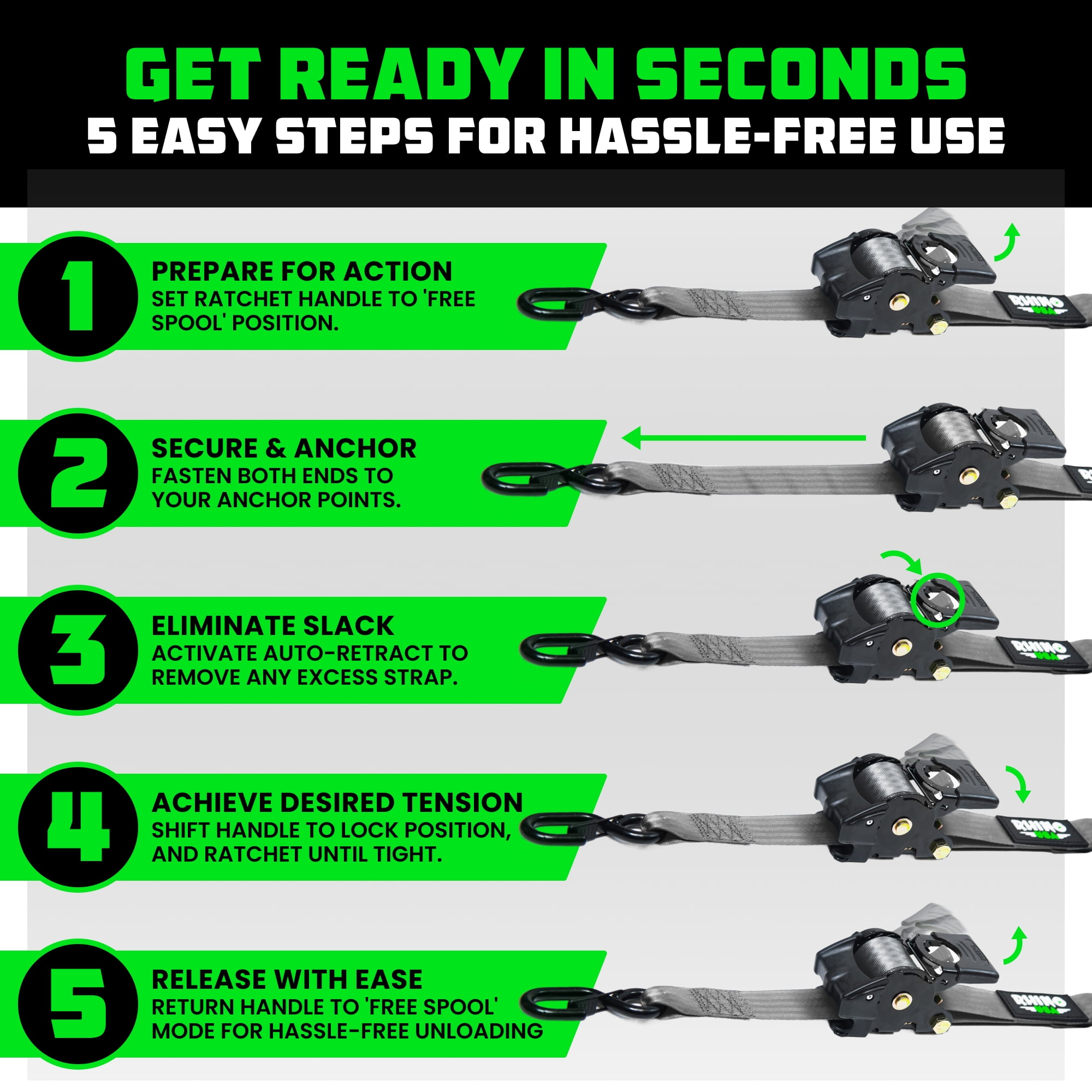 Rhino USA Heavy Duty 2" x 10' Retractable Ratchet Straps 3,033lb Break Strength (Gray 4-Pack)
