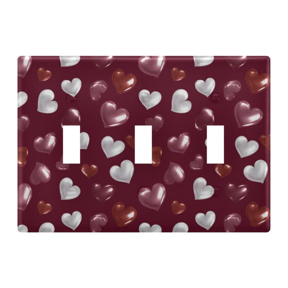 Red and White Hearts Pattern Toggle Switch Wall Plate 3-Gang Unbreakable Durable PC Flush Fit Round Edge 4.48x6.37in
