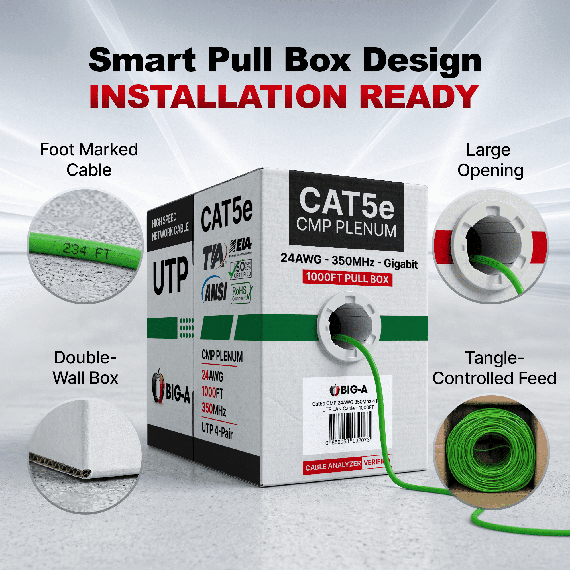 Big-A - 1000ft Cat5e Plenum Ethernet Cable, Green, 350MHz, 24AWG UTP, CMP Rated, Solid Network LAN Cord, Compatible with Printer, Gaming Consoles, Router, VoIP Phones, POE IP Cameras