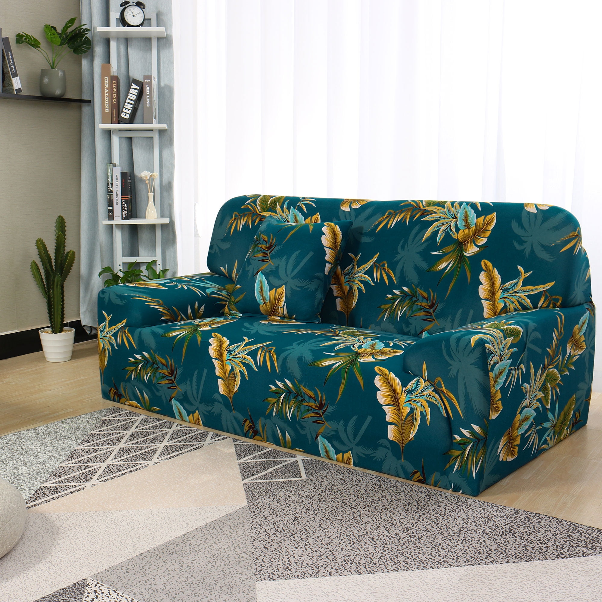 PiccoCasa Floral Stretch Thick Sofa Covers, Dark Green Yellow, Sofa