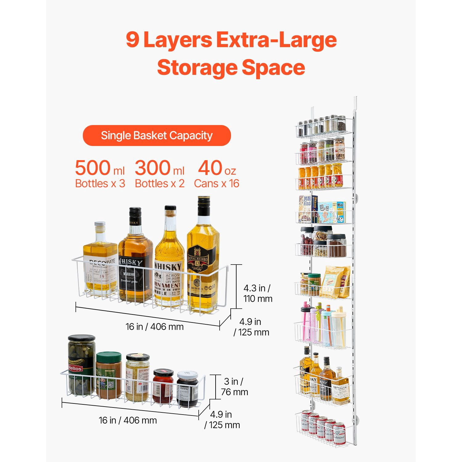 9-Tier Over The Door Pantry Organizer, Heavy-Duty Steel, Adjustable Baskets, 29.8 lbs Capacity, White, for Kitchen Laundry Bathroom