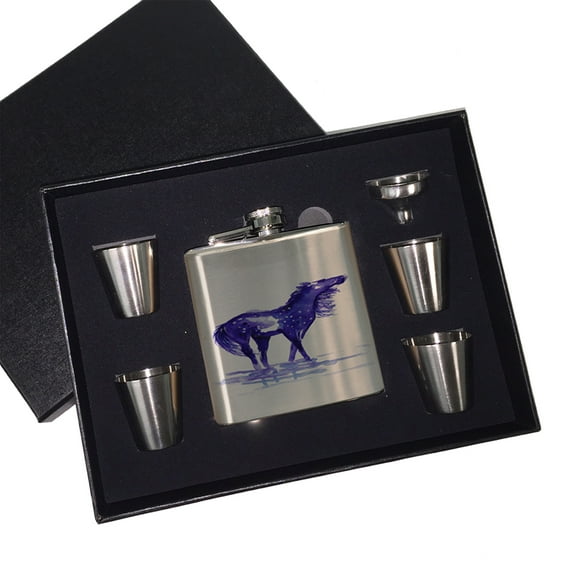 KuzmarK 6 oz. Stainless Steel Flask Set in Black Presentation Box -  Abstract Snowflake Appaloose in Purple Horse Art by Denise Every