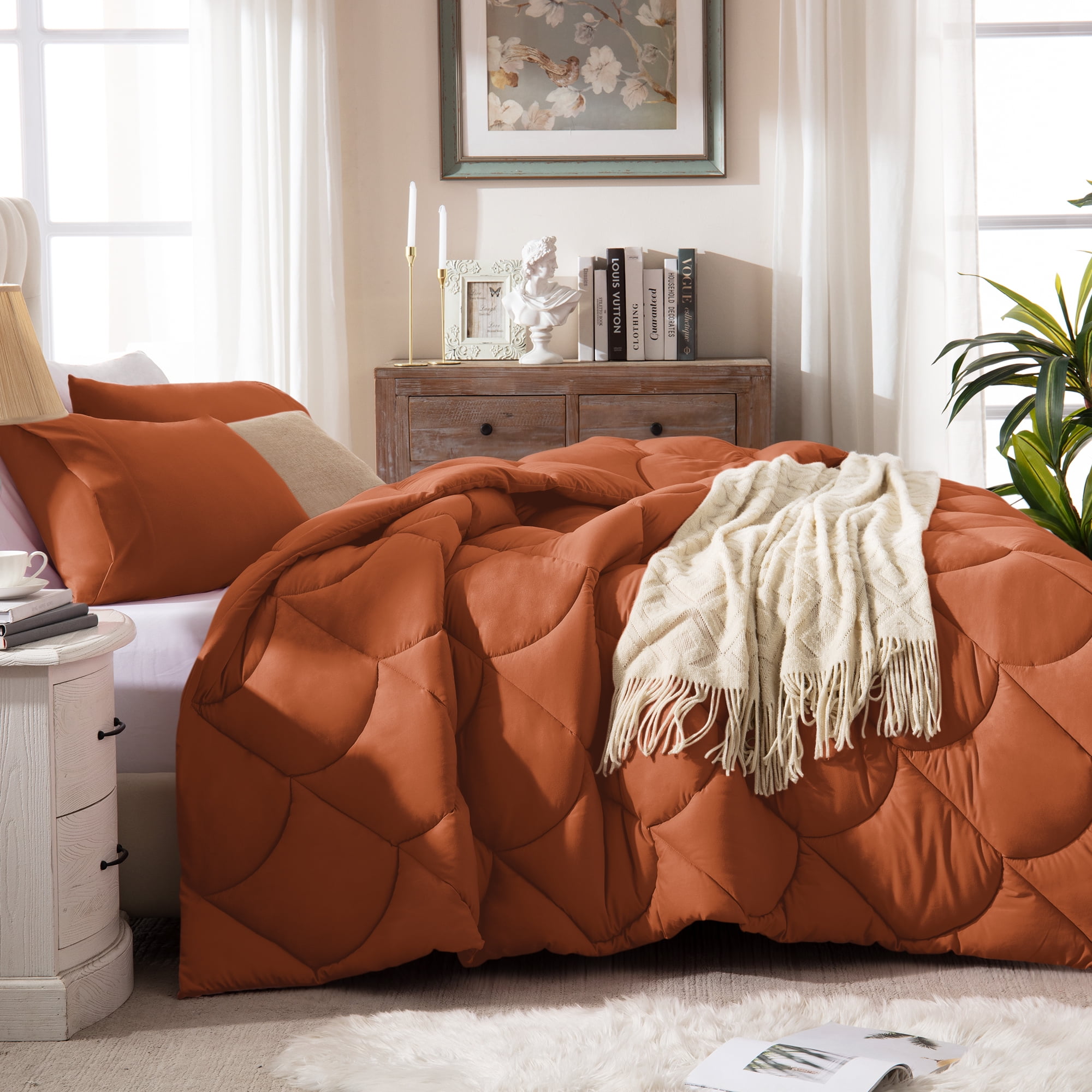 Yalamila Full Size Comforter Set 3-Piece All-Season Down Alternative Reversible Comforter Set,Burnt Orange,200GSM Cooling Quilted Duvet Insert,95 GSM Soft Cover Bed in a Bag