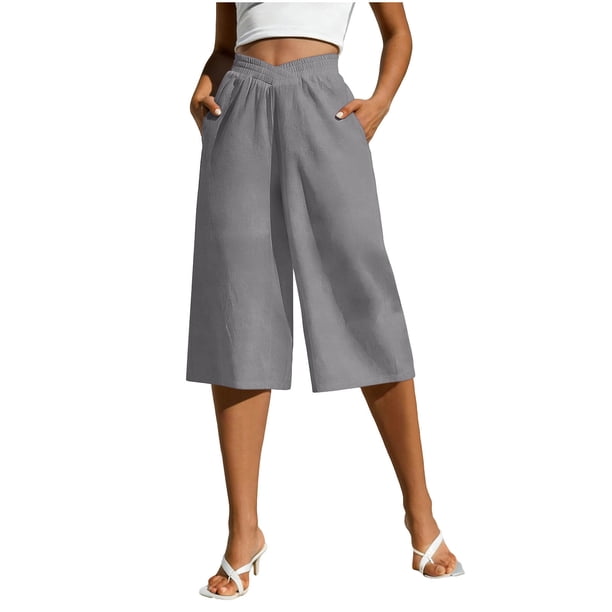 Pantalones de Pierna Recta de Lino para Mujeres Verano Suelto Color Sólido Cintura Elástica con Bolsillos Pantalones de Pierna Recta Casual