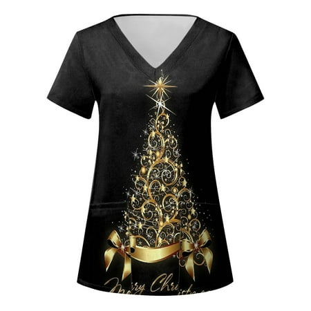 

Xutthjh Women Women Scrubs Top Casual Christmas Printed Short Sleeve Pocket Loose Caring Workwear Working Uniform Nurses Clothing