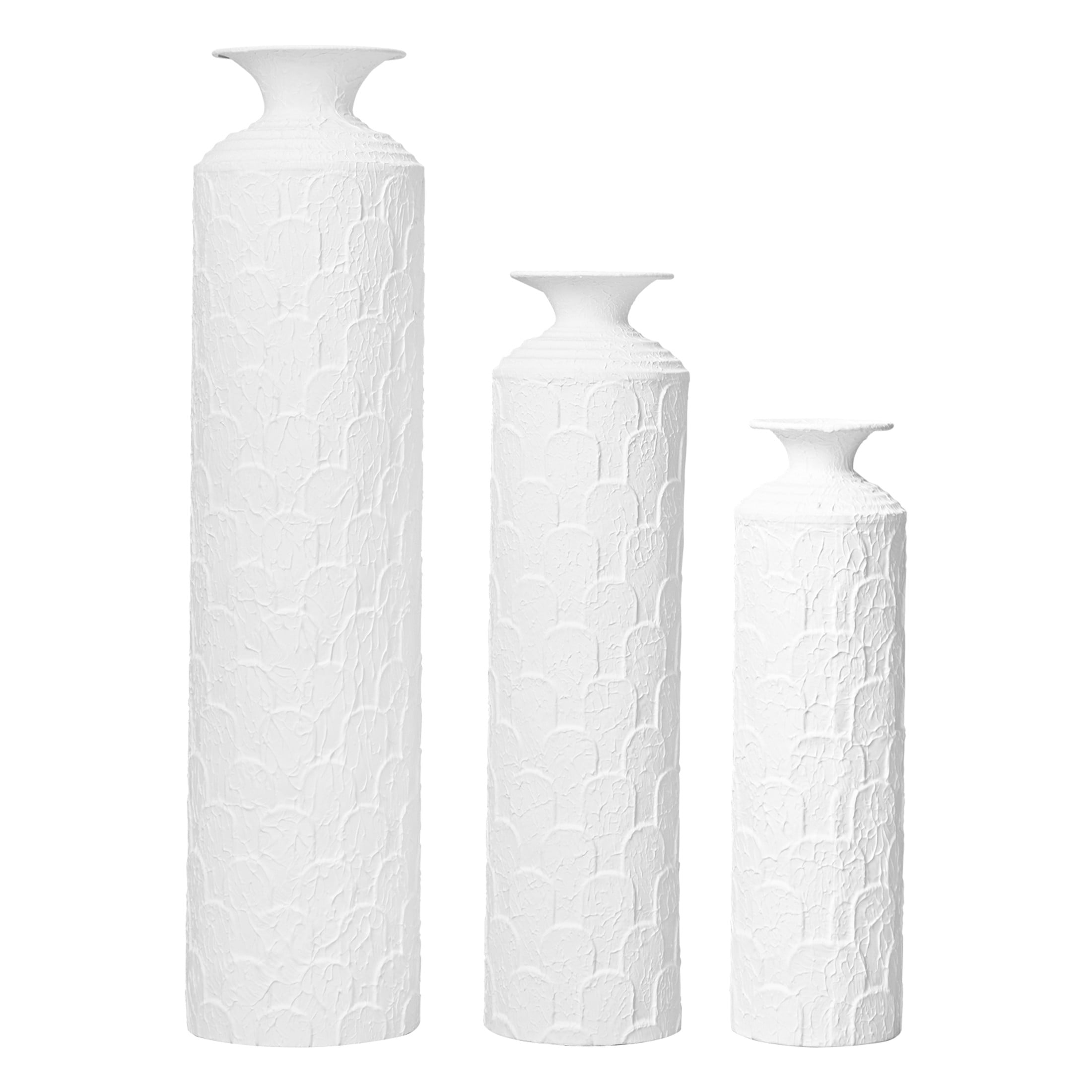 Noble House 3-Piece Metal Floor Vase Set, 33.46", 25.59", 19.69" Textured Decorative Vases, White