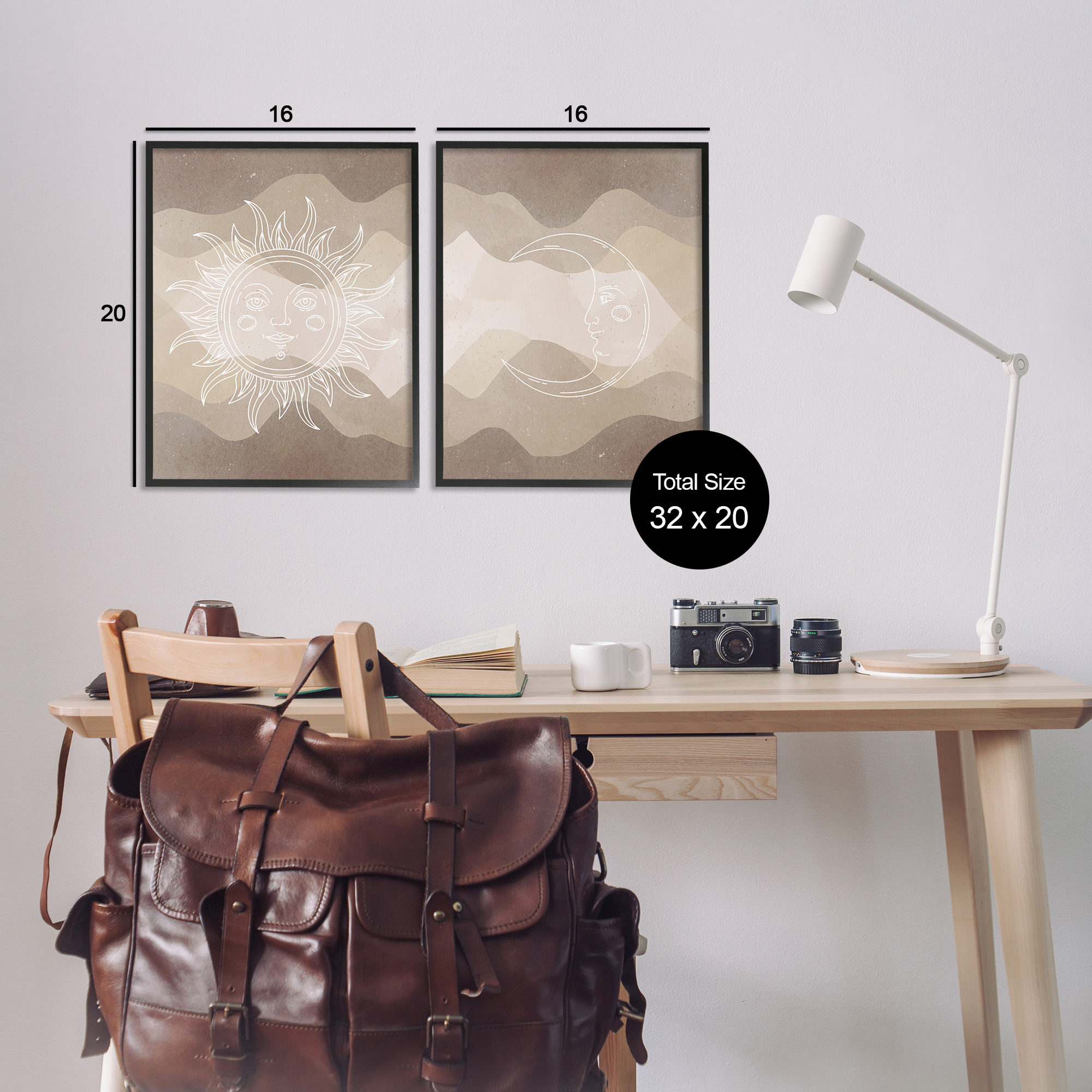 Stupell Industries Astral Boho Sun & Moon Landscape Painting Black Framed Art Print Wall Art, 16 x 20, Set of 2
