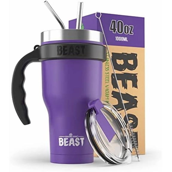 BEAST 40 oz Purple Tumbler Set with Handle - Stainless Steel Coffee Cup   2 Straws Brush, Gift Box & Black Handle