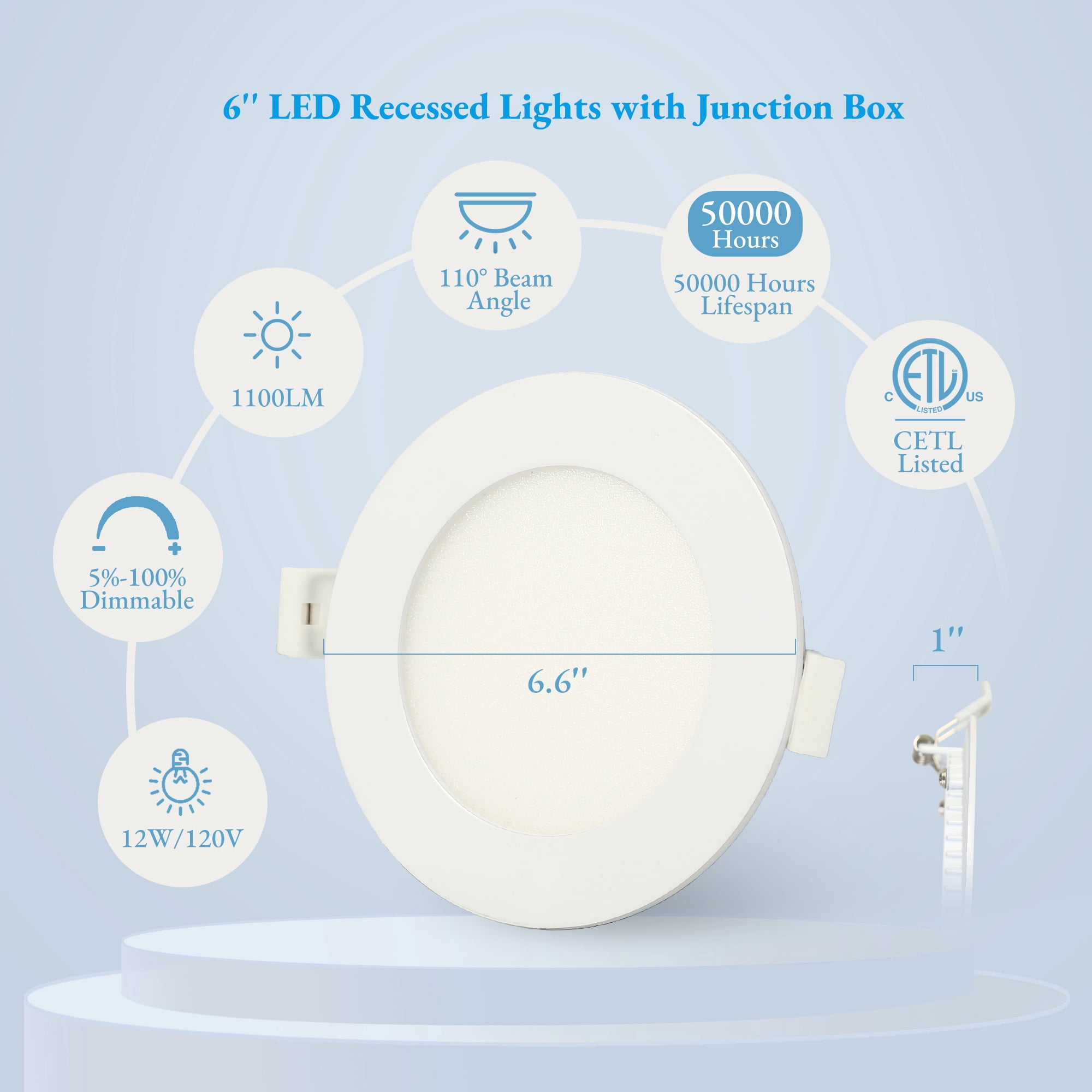 LNC 6 Inch Round LED Recessed Light,12W,3CCT,1100LM,Dimmable,Canless,Energy Star,ETL Listed,for Kitchen,Living Room,Bedroom