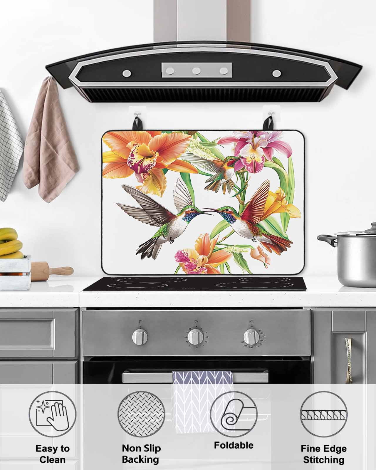 nqOlkjepod Large Induction Cooktop Protector Mat 36"x21", Orange Floral Stove Top Covers for Electric Stove, Spring Kingfisher Watercolor Retro Art Stove Burner Cover Mats, Glass Top Stove Cover