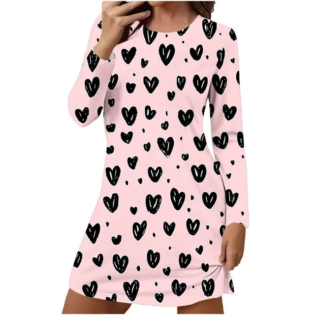 fheaev Chemises de Nuit pour Femmes Grande Taille Imprimé Saint-Valentin Coupe Ample Confortable Pyjama Manches Longues Col Rond Chemise de Nuit Courte