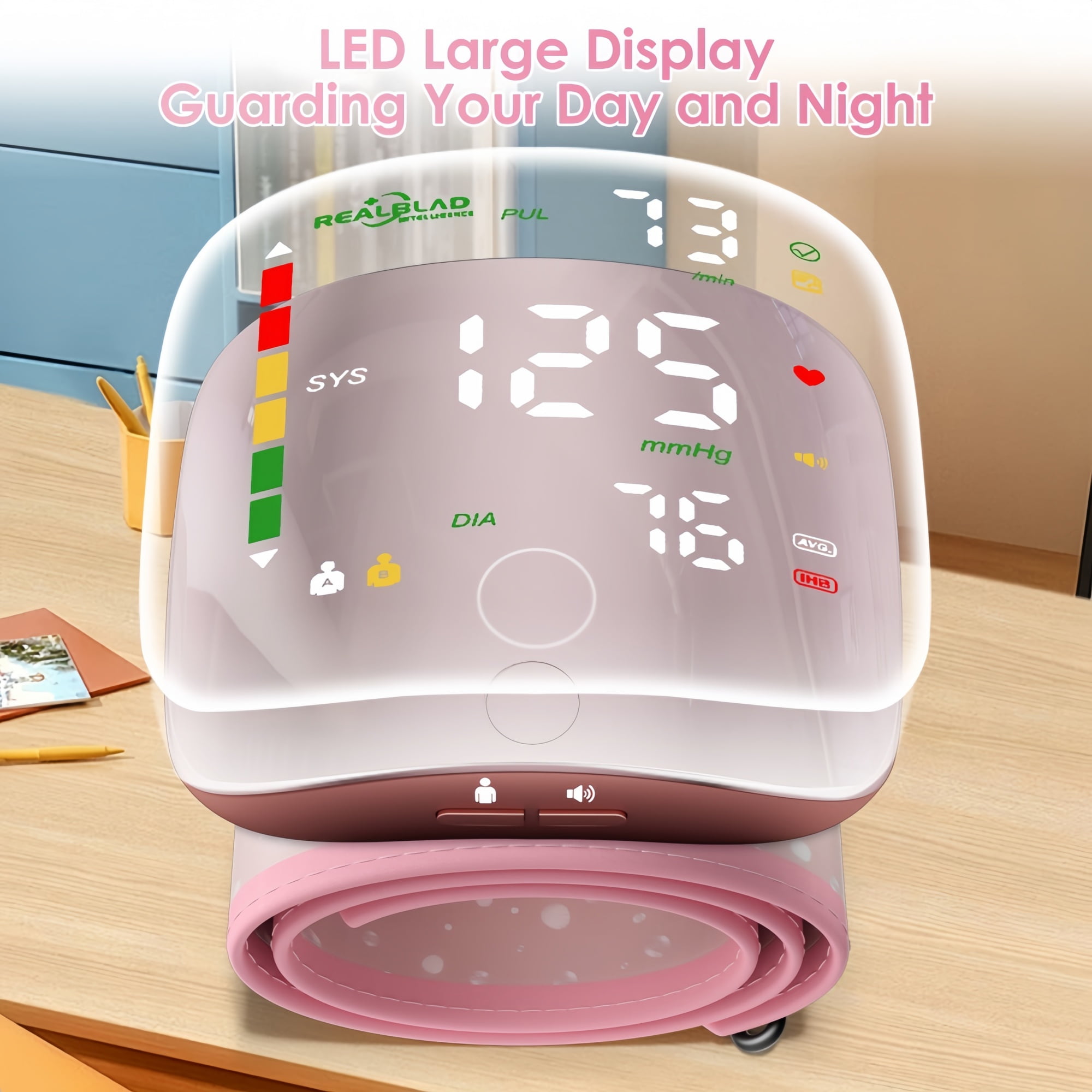 Ziqing Automatic Wrist-Worn Digital Blood Pressure Monitor - Rechargeable, Large LED Display, Home Use, 2 x 99 Memory Functions, Pink