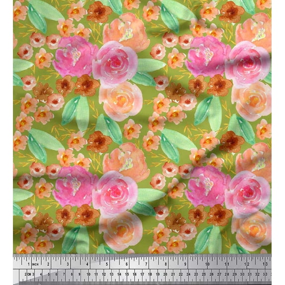 Soimoi Green Cotton Jersey Fabric Leaves,Pink & Peach Flower Watercolor Print Fabric by The Yard 58 Inch Wide