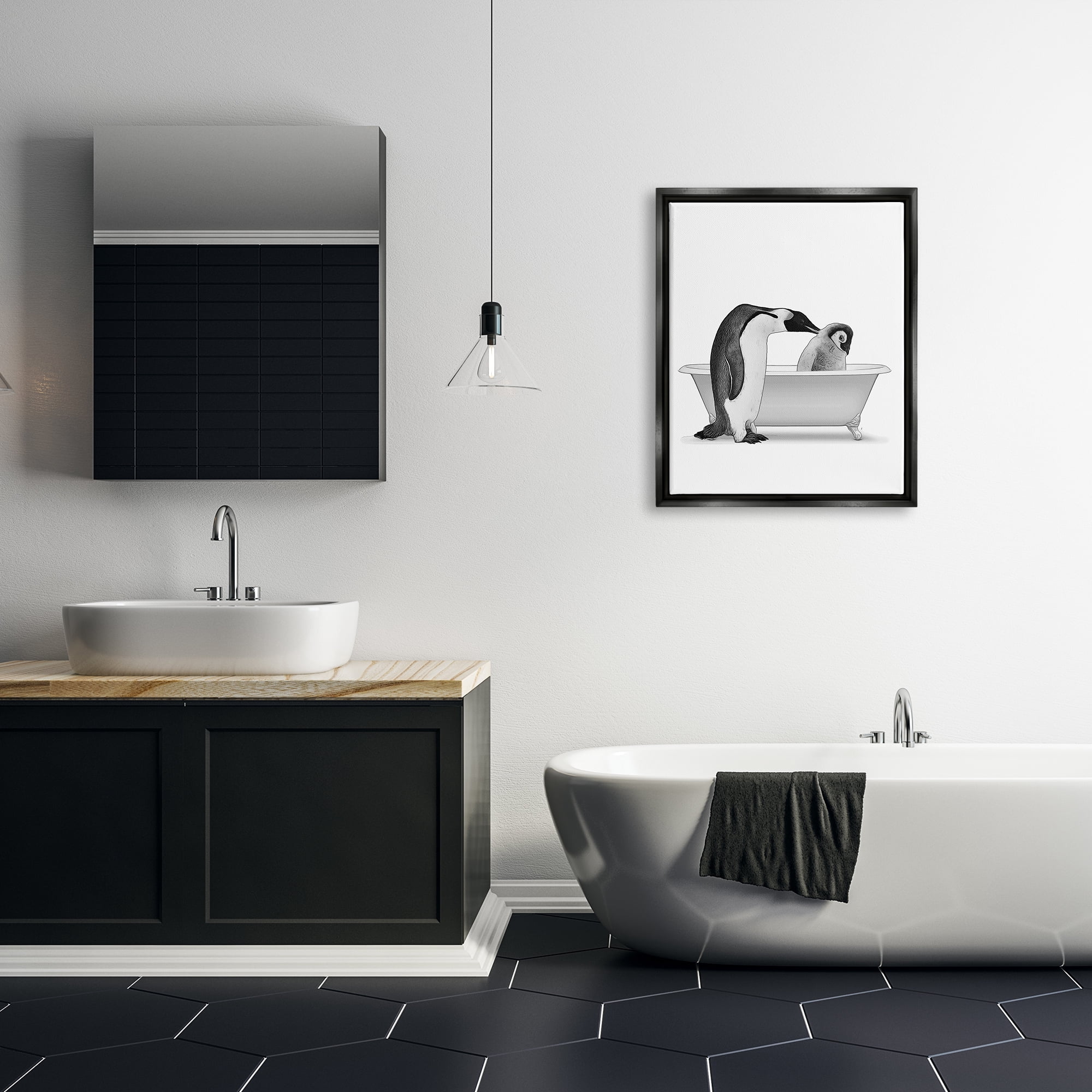 Stupell Industries Penguin & Chick Bathroom Tub Animals & Insects Painting Black Floater Framed Art Print Wall Art