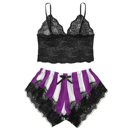 

adviicd Strappy Lingerie Women s Fishnet Cut Out 2 Piece Lingerie Set with Garter Belt Bra and Panty Set Purple L