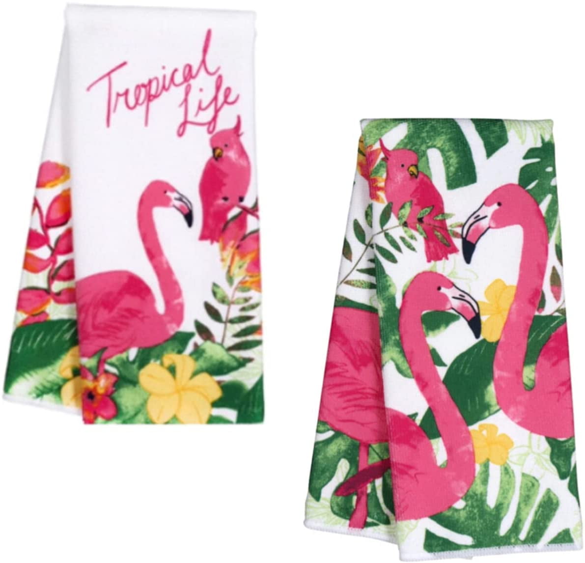 2 Pink Flamingos Green Palm Leaves Kitchen Towels~15"x25" ~NEW~Home Collection 