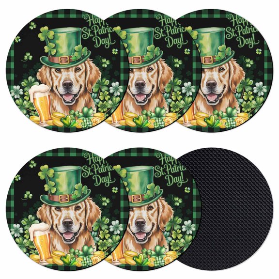 St Patricks Day Coasters Set of 6, Absorbent Coasters for Drinks, Watercolor Dogs Green Shamrock Plaid Coaster for Desk Coffee Table Protection, Home Decor House Warming Gifts 4"
