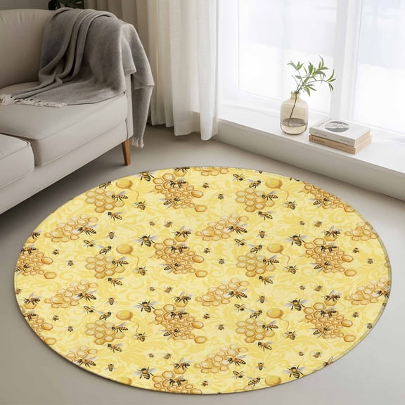 Round Area Rug 4 Ft, Summer Bees Washable Non-Slip Circle Carpet for Living Room/Bedroom, Pastoral Garden Yellow Honey Watercolor Low-Profile Crawling Mats Collection Rugs for Indoor