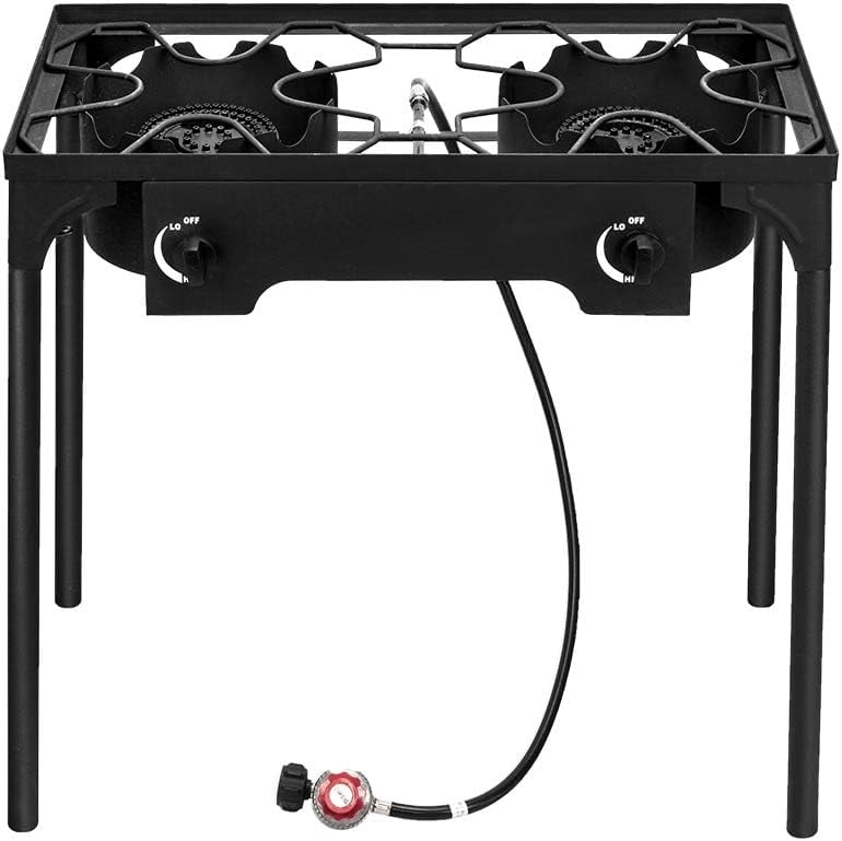 2-Burner Outdoor Portable Propane Gas Stove, 150,000 BTU Heavy-Duty Iron Cast Cooker with Detachable Stand Legs for Camping & Patio Use
