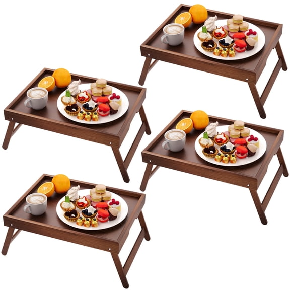 Danfoxer 4 Pack Bamboo Bed Tray Table with Folding Legs,Breakfast Trays,Serving Tray,Laptop Tray for Working,Food Snack Tray for Bed and Sofa(Brown)
