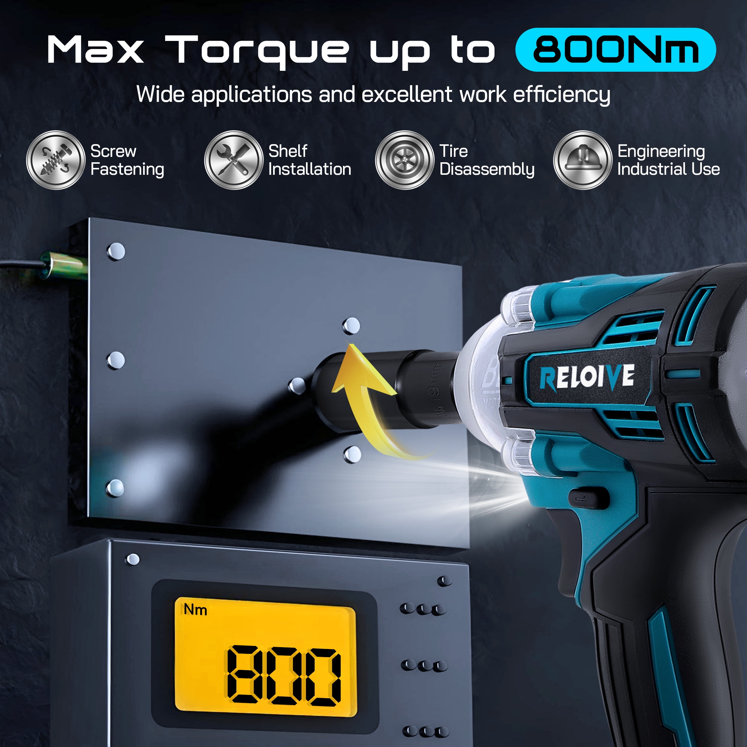 RELOIVE Cordless Impact Wrench Kit, 590 ft-lbs(800 N.m) Max Torque,1/2" Heavy-Duty Brushless Motor,2 x 4.0Ah Batteries, 2-Speed Settings with Stepless Adjustment, for Automotive, Tire, Home Repair