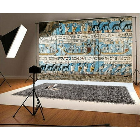 Image of GreenDecor 7x5ft Photography Background Egyptian Wall Painting Art Retro Colored Mural Background God Temple Walls Carved Figures Egyptian Mural Backg