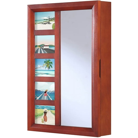 Proman Products Venice Wall Mount Jewelry Armoire, Jewelry Cabinet, Jewelry Storage WM17230 with Photo Frame, Mirror, Drawers, 16"W x 23"H x 4.75"D, Dark Mahogany