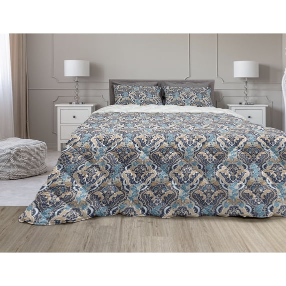 East Comforter & Sham Bedding Set, Vintage Eastern Abstract Floral Pattern with Leaves Grid Style Lines, 3 pcs Duvet Set Microfiber Filling Quilt, 5 Sizes, Pale and Dark Blue Beige, by Ambesonne