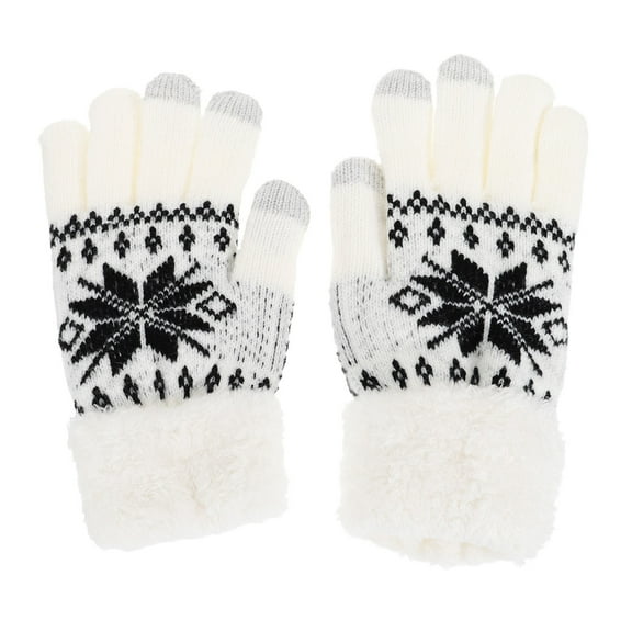 LULULION 1Pair Beige Snowflake Pattern Warm Knitting Gloves with Touchscreen Feature