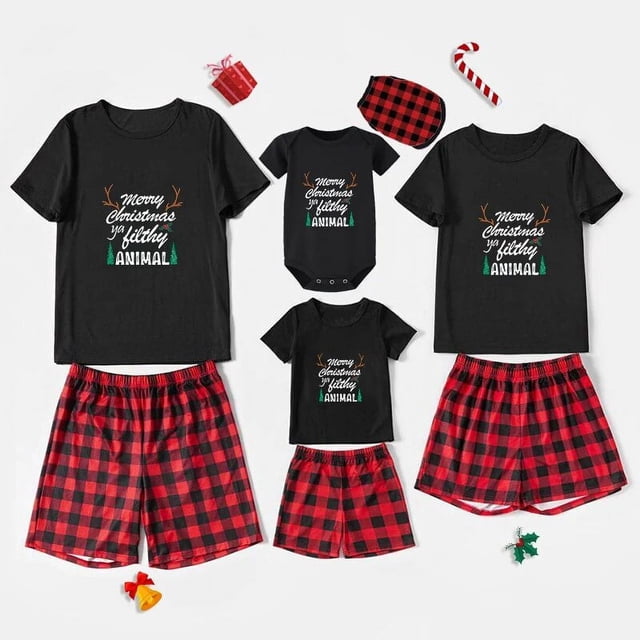 Pijamas familiares a juego de Navidad, Antler, Feliz Navidad, Ya, Animal sucio, negro, corto, conjunto